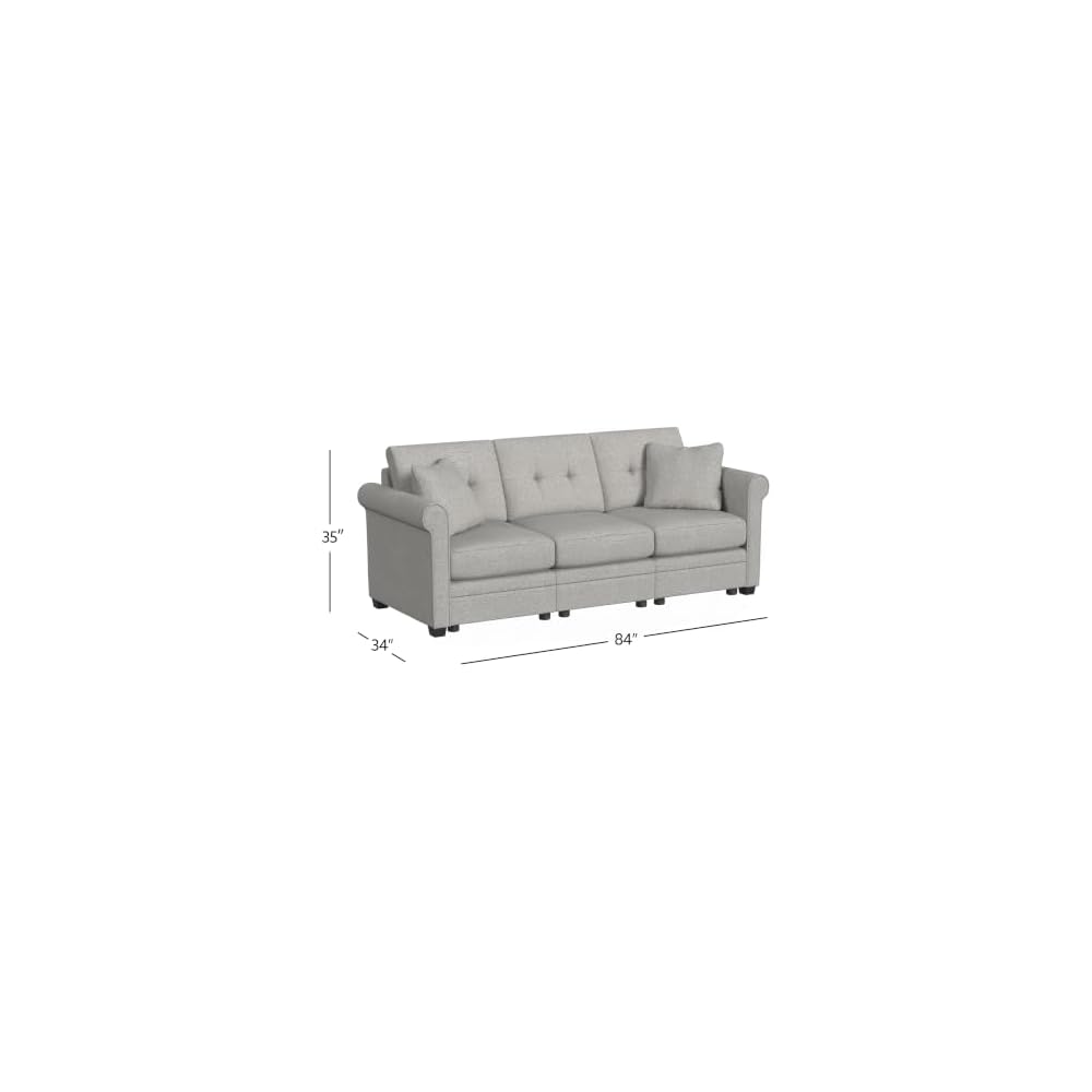 Linon KYVOS Mallory 84" Modular Three Seater Sofa with Rolled Arm in Hemp Grey Mist Includes 2 Couch Pillows