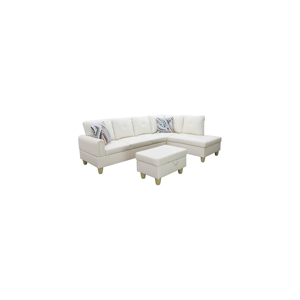 NicBex Couches for Living Room L Shaped Couch Upholstered Futon Sofa Comfy Faux Leather Modular Sofa 3-Piece Sofa Set with Storage Ottoman for Apartments, Living Room and Office, White