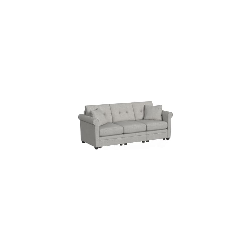 Linon KYVOS Mallory 84" Modular Three Seater Sofa with Rolled Arm in Hemp Grey Mist Includes 2 Couch Pillows