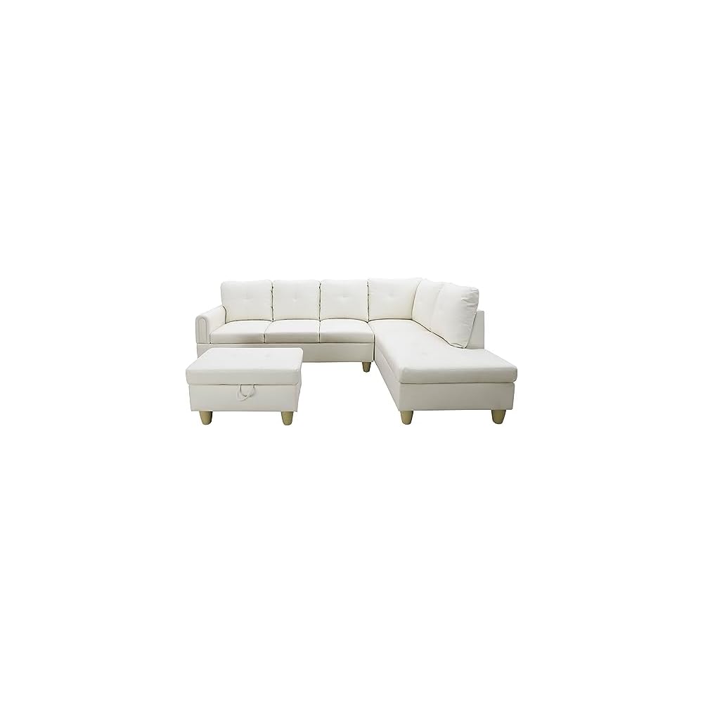 NicBex Couches for Living Room L Shaped Couch Upholstered Futon Sofa Comfy Faux Leather Modular Sofa 3-Piece Sofa Set with Storage Ottoman for Apartments, Living Room and Office, White