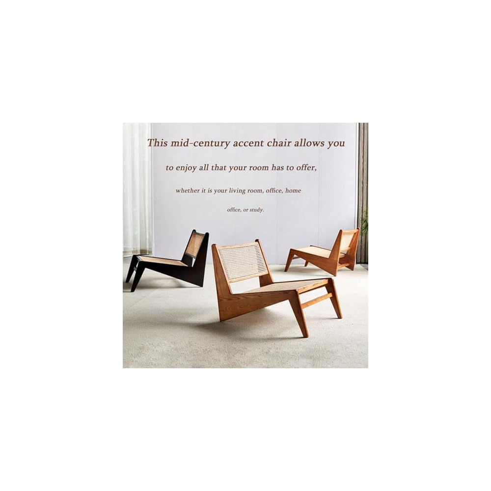 Mid Century Modern Rattan Accent Chair, Armless Solid Wood Comfy Side Chair, Stylish Furniture for Bedrooms, Balconies, Terraces – Cherry Finish