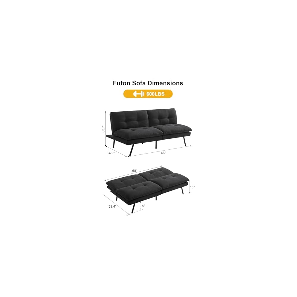 MUUEGM 68" Futon Sofa Bed,Futon Couch with Adjustable Backrest & Foldable Design,Convertible Sleeper Sofa for Small Spaces Livingroom Apartment Office(Black)