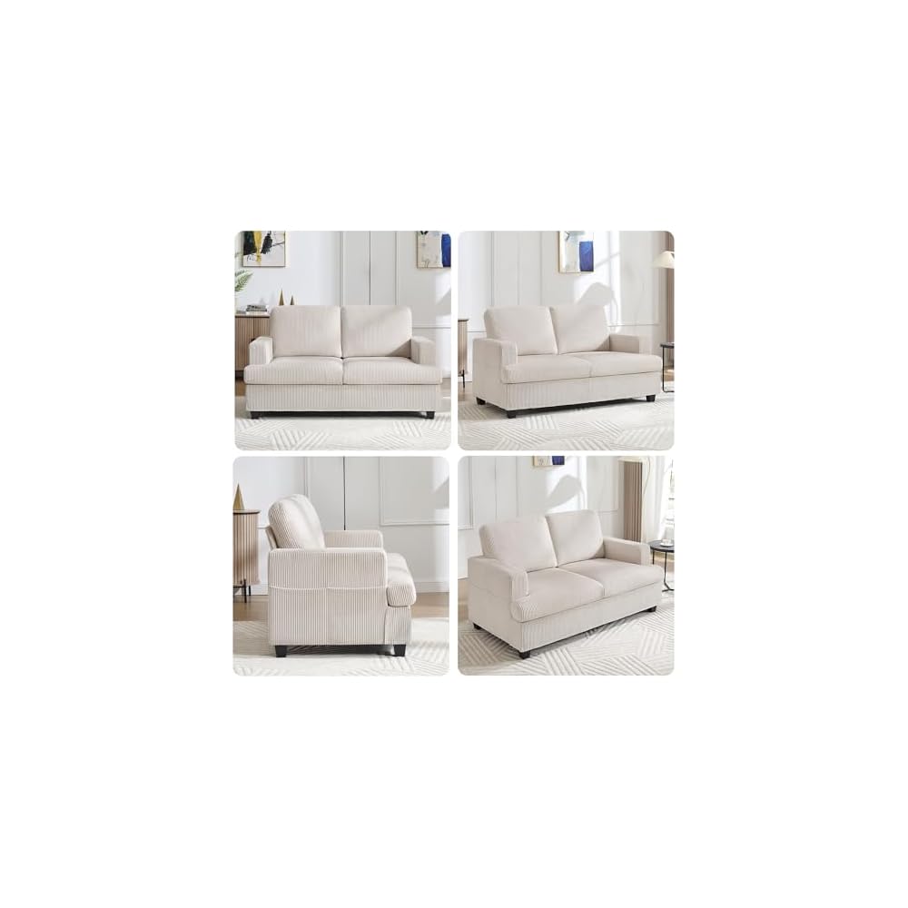 Loveseat Sofa, 60" Corduroy Couch with Side Pocket, Removable Pillow and Cushion Cover 2 seat Couches, Comfy Modern Small Couch for Living Room, Small Spaces, Dorms, Office, Beige