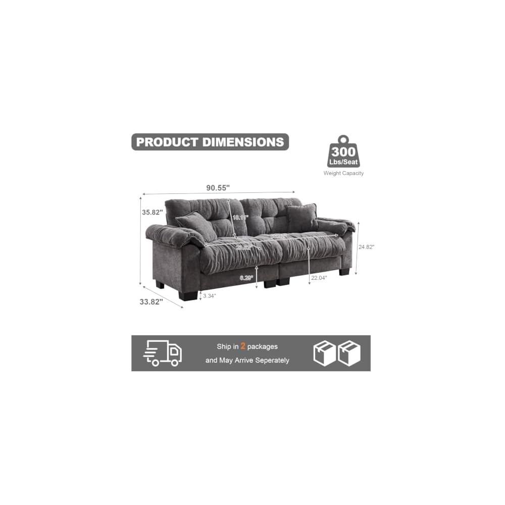 90.5" Modular Cloud Sofa, 2 Seater Couch, Oversized Loveseat with Armrest Pillow, Comfy Tufted Couch, Deep Seat Love Seats for Living Room, Apartment, Small Space- Grey