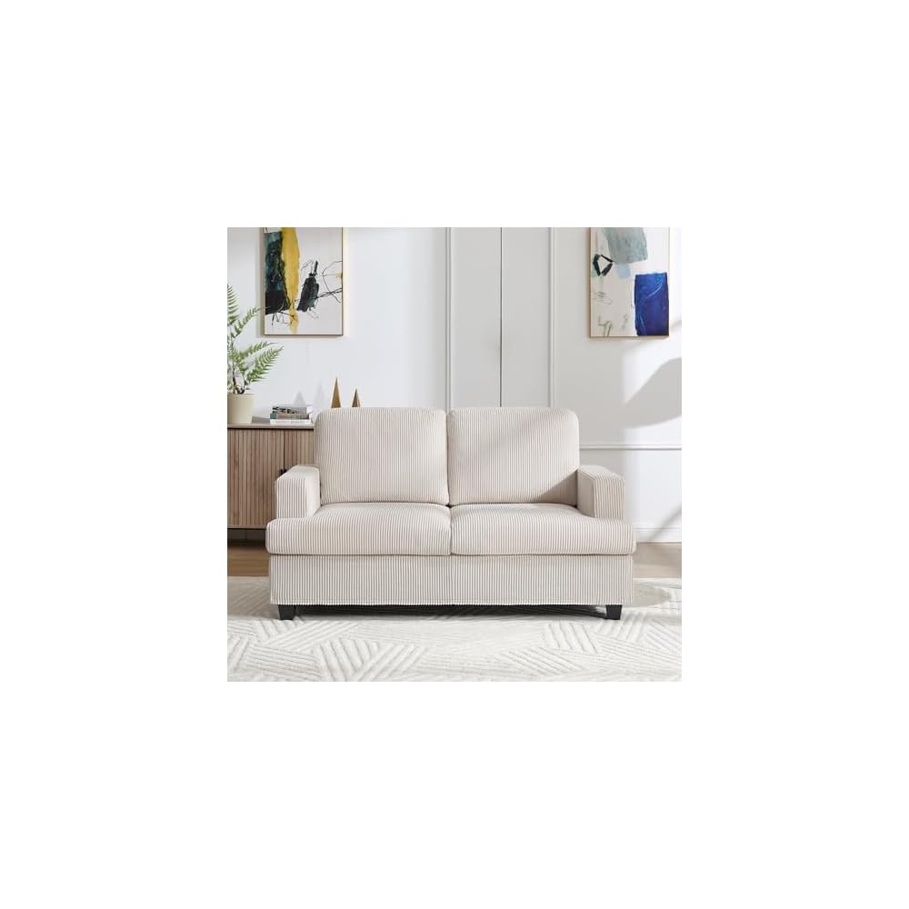 Loveseat Sofa, 60" Corduroy Couch with Side Pocket, Removable Pillow and Cushion Cover 2 seat Couches, Comfy Modern Small Couch for Living Room, Small Spaces, Dorms, Office, Beige