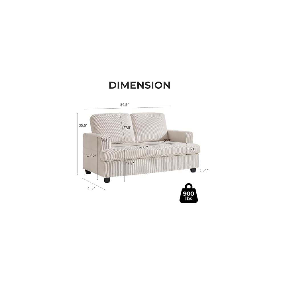 Loveseat Sofa, 60" Corduroy Couch with Side Pocket, Removable Pillow and Cushion Cover 2 seat Couches, Comfy Modern Small Couch for Living Room, Small Spaces, Dorms, Office, Beige