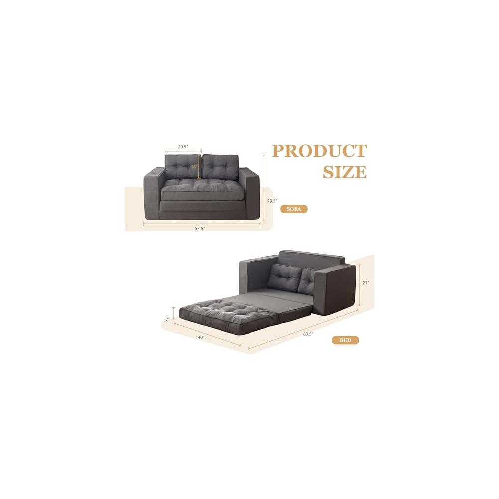 YOSHOOT Loveseat Sleeper Sofa,55" Convertible Sofa Bed Couch Futon Couches for Living Room,3-in-1 Pull Out Floor Couch with Reclining Backrest and Pillows