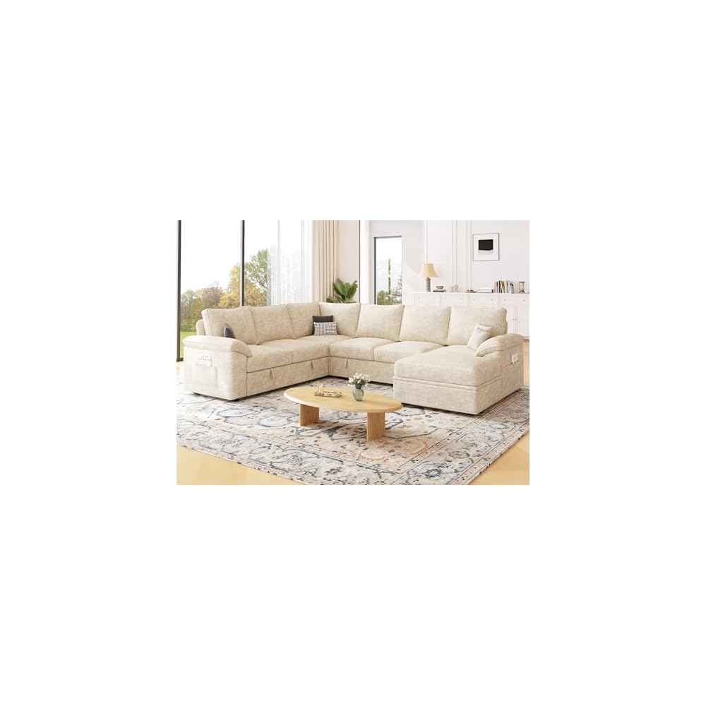 Howjoe Sleeper Sofa with Pull Out Bed, U Shaped 7 Seat Modular Sectional Sofa with Storage, Sectional Couches for Living Room, Cloud Modular Couch, Removable Sofa Cover, Beige