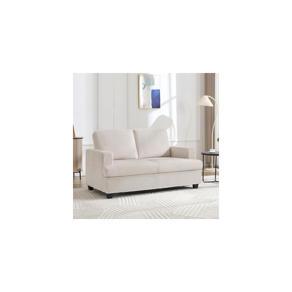 Loveseat Sofa, 60" Corduroy Couch with Side Pocket, Removable Pillow and Cushion Cover 2 seat Couches, Comfy Modern Small Couch for Living Room, Small Spaces, Dorms, Office, Beige