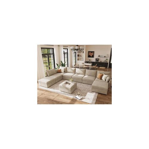 ABCASA 166.6" Oversized Modular Sectional Sofa, Large 9 Seater L Shaped Couch with Storage Ottoman with Reversible Chaise Deep Seat for Living Room, Apartment - Beige Chenille