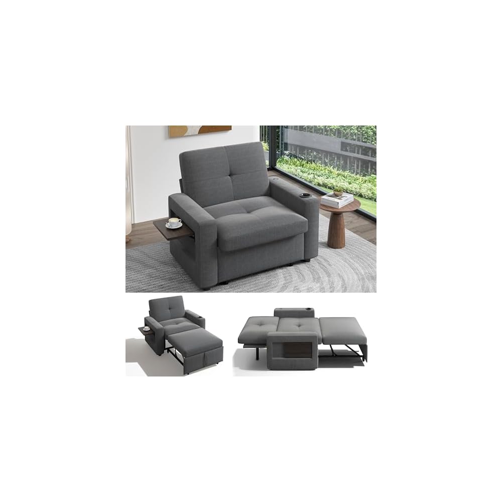 Sunny Heart 42.5" W Oversized Sleeper Chair Bed, 3-in-1 Convertible Reclining Sofa Chair with Pull Out Couch Bed, Adjustable Backrest, Side Pockets, Cup Holder, USB Ports & Table, Premium Dark Grey