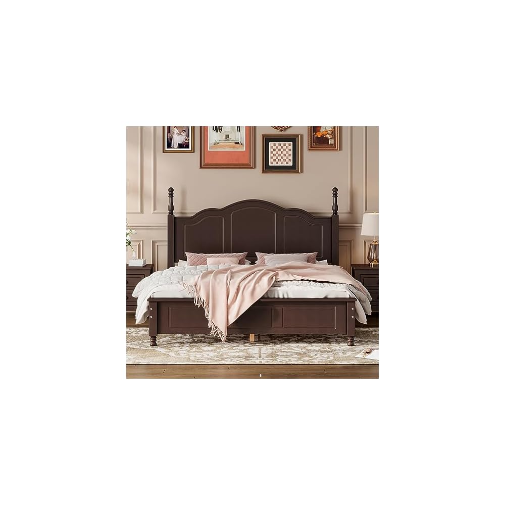 Merax Modern Farmhouse Solid Wood Platform Bed with Headboard Queen Bed Frame with Wood Slat Support Dark Walnut