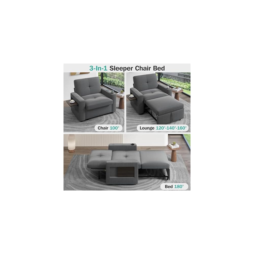 Sunny Heart 42.5" W Oversized Sleeper Chair Bed, 3-in-1 Convertible Reclining Sofa Chair with Pull Out Couch Bed, Adjustable Backrest, Side Pockets, Cup Holder, USB Ports & Table, Premium Dark Grey