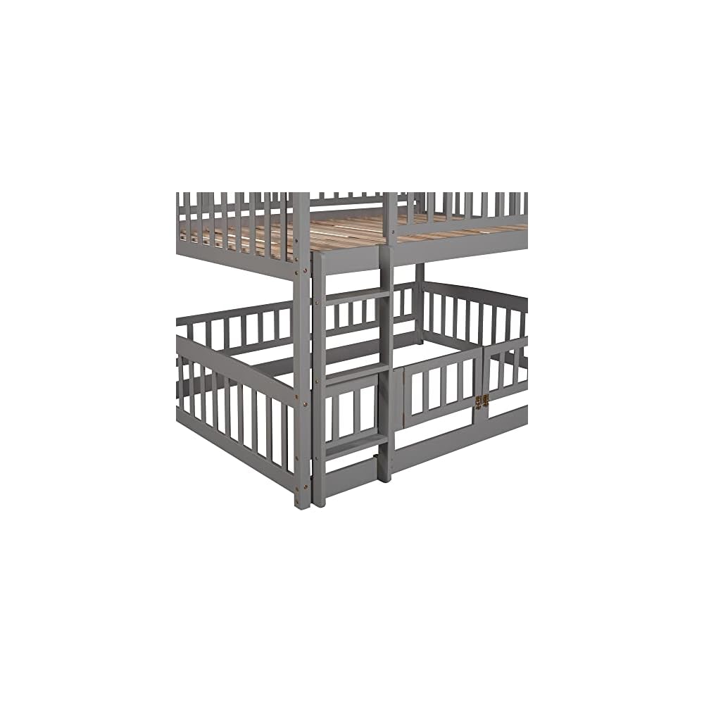 Bellemave Full Over Full Low Bunk Bed with Slide and Fence Railings Wood Floor Bunk Beds with Ladder for Kids Boys Girls Teens, Grey
