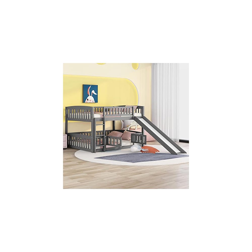 Bellemave Full Over Full Low Bunk Bed with Slide and Fence Railings Wood Floor Bunk Beds with Ladder for Kids Boys Girls Teens, Grey