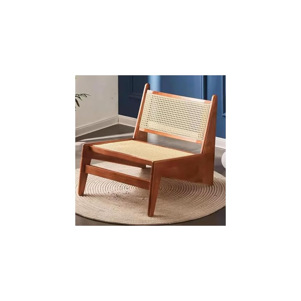 Mid Century Modern Rattan Accent Chair, Armless Solid Wood Comfy Side Chair, Stylish Furniture for Bedrooms, Balconies, Terraces – Cherry Finish