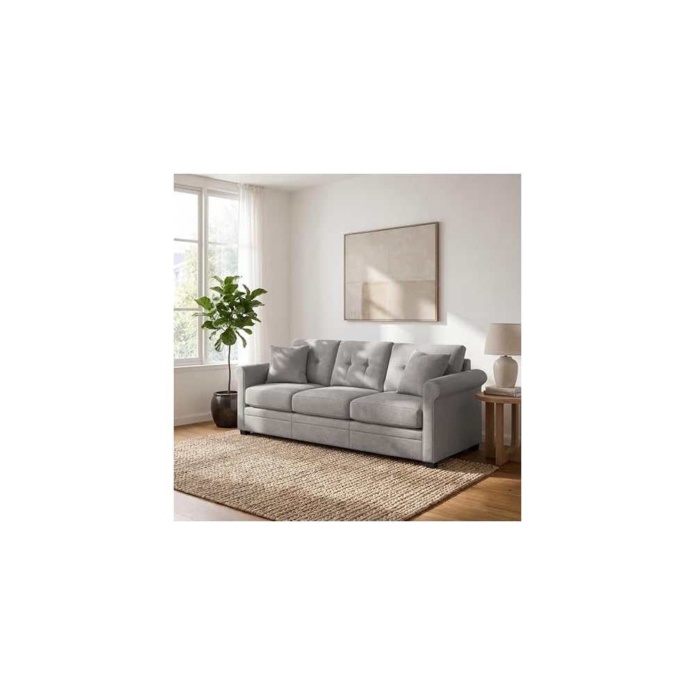 Linon KYVOS Mallory 84" Modular Three Seater Sofa with Rolled Arm in Hemp Grey Mist Includes 2 Couch Pillows