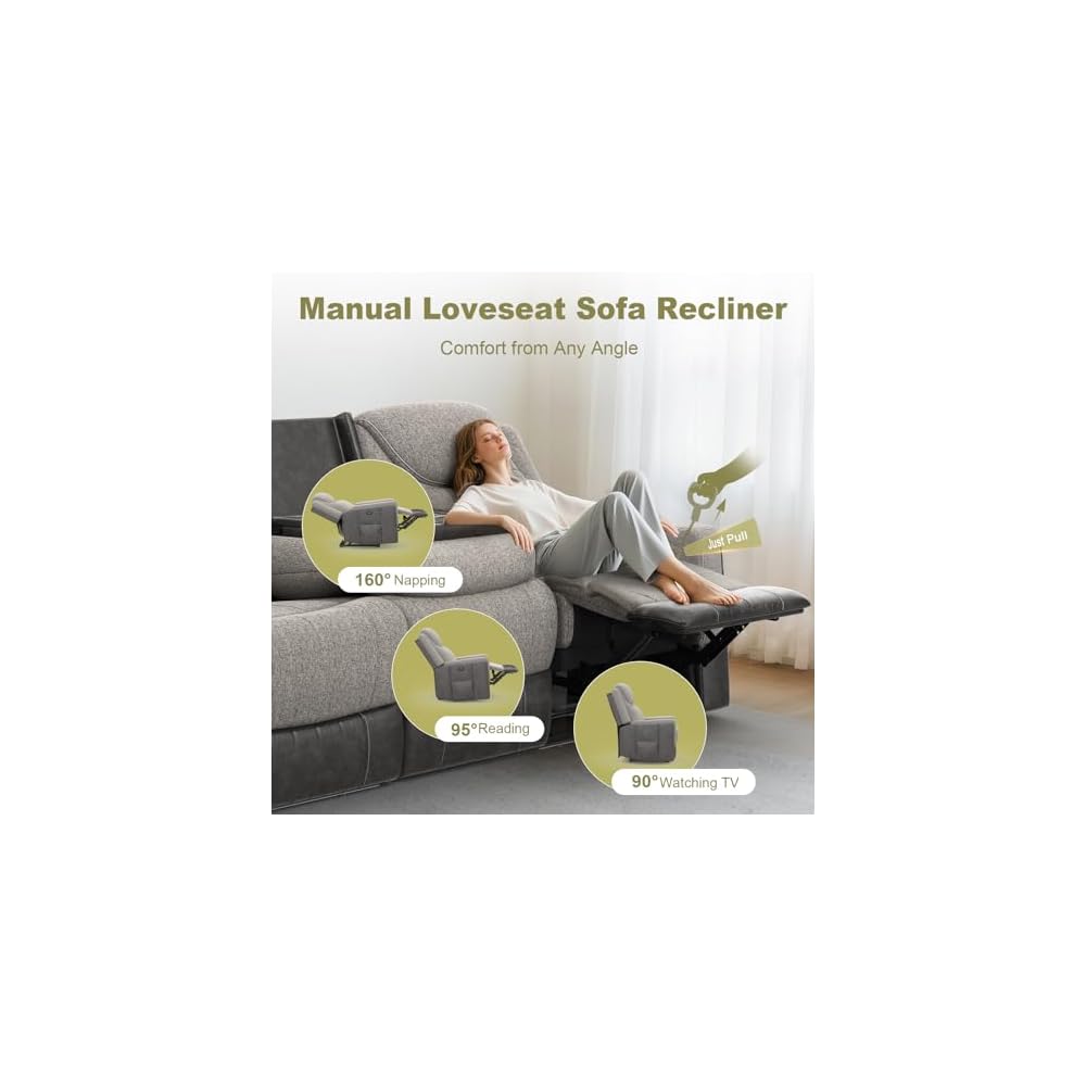Dresegmt Manual Recliner Sectional Sofa for Living Room, Corner Couch with Flip Middle Backrest, USB Ports & Cup Holders, Grey Linen & Chocolate Leather, 5 Seater Sectional Couch