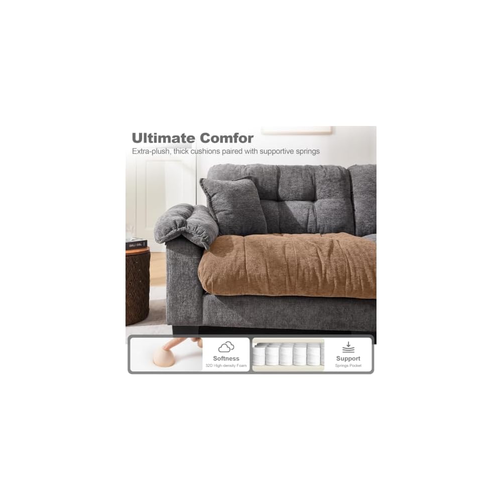 90.5" Modular Cloud Sofa, 2 Seater Couch, Oversized Loveseat with Armrest Pillow, Comfy Tufted Couch, Deep Seat Love Seats for Living Room, Apartment, Small Space- Grey