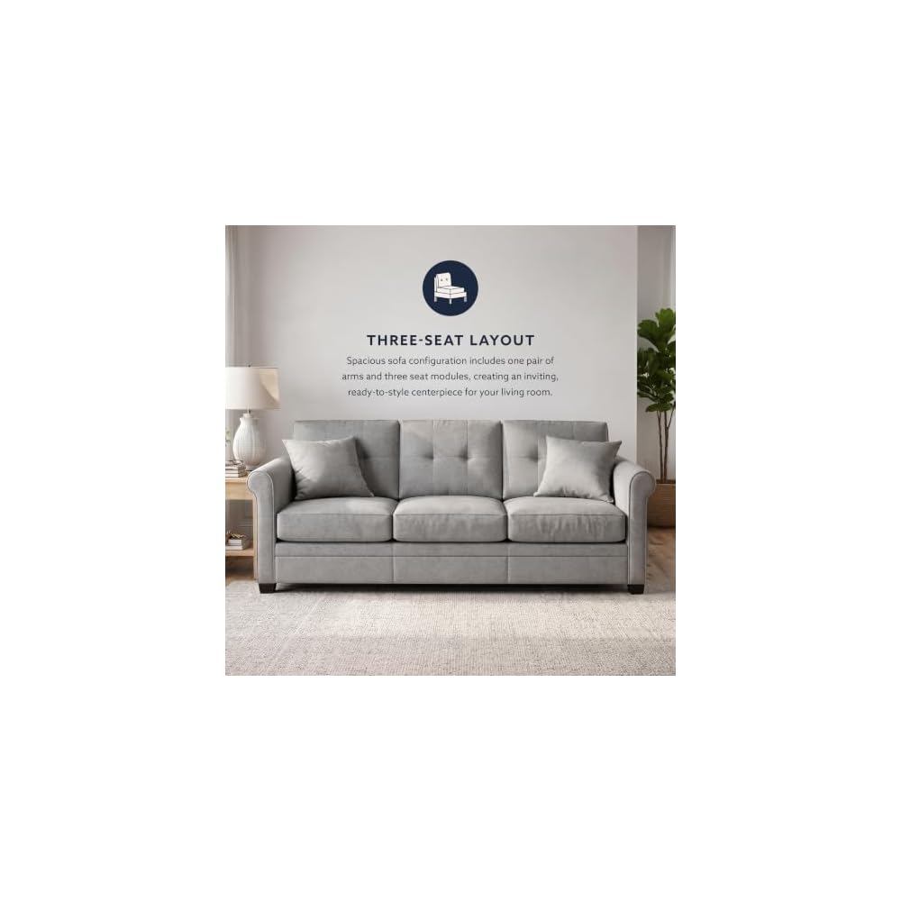 Linon KYVOS Mallory 84" Modular Three Seater Sofa with Rolled Arm in Hemp Grey Mist Includes 2 Couch Pillows