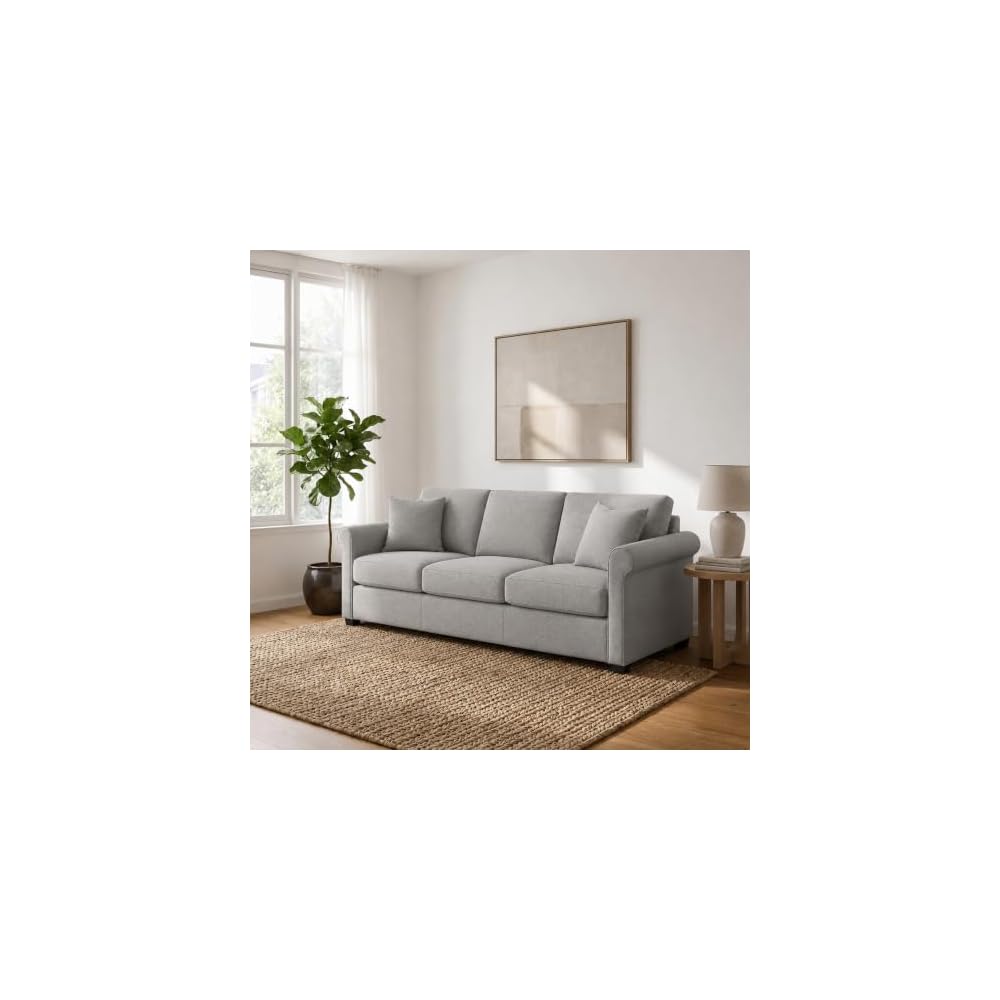 Linon KYVOS Mallory 84" Modular Three Seater Sofa with Rolled Arm in Hemp Grey Mist Includes 2 Couch Pillows