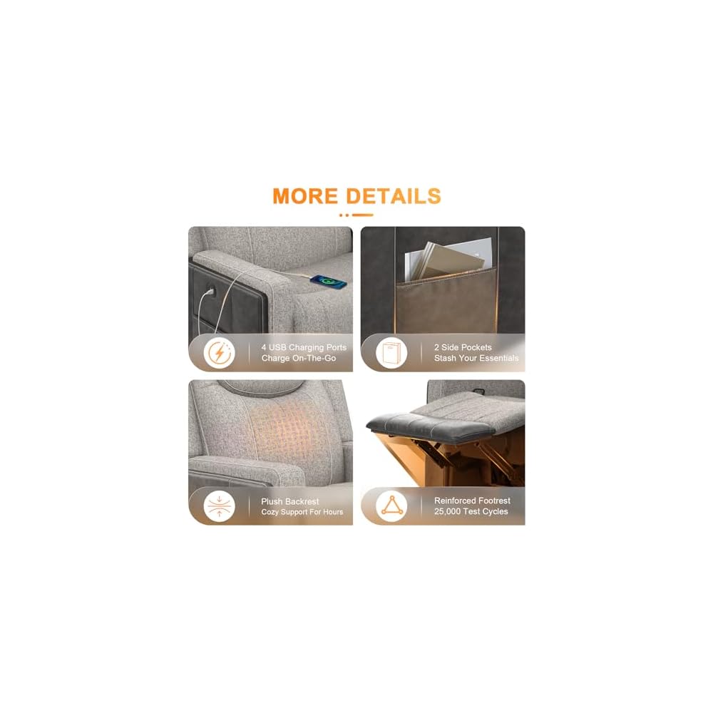 Dresegmt Manual Recliner Sectional Sofa for Living Room, Corner Couch with Flip Middle Backrest, USB Ports & Cup Holders, Grey Linen & Chocolate Leather, 5 Seater Sectional Couch