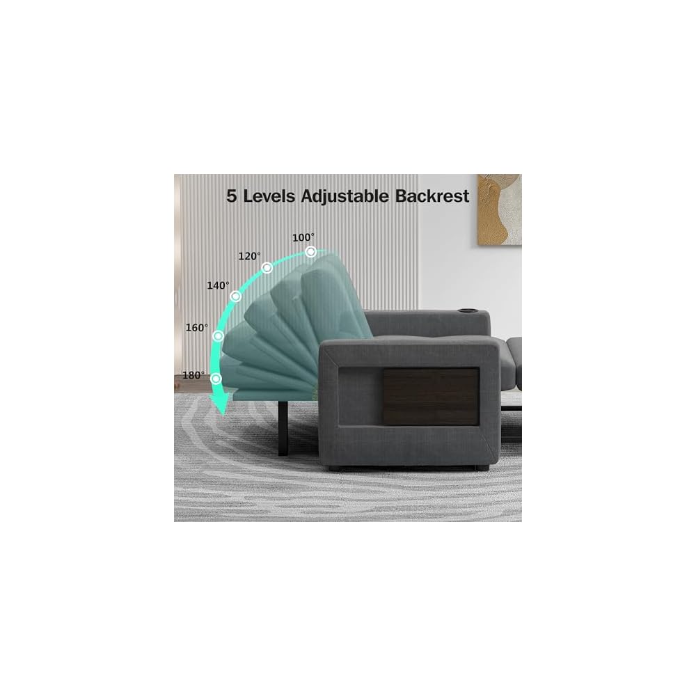 Sunny Heart 42.5" W Oversized Sleeper Chair Bed, 3-in-1 Convertible Reclining Sofa Chair with Pull Out Couch Bed, Adjustable Backrest, Side Pockets, Cup Holder, USB Ports & Table, Premium Dark Grey