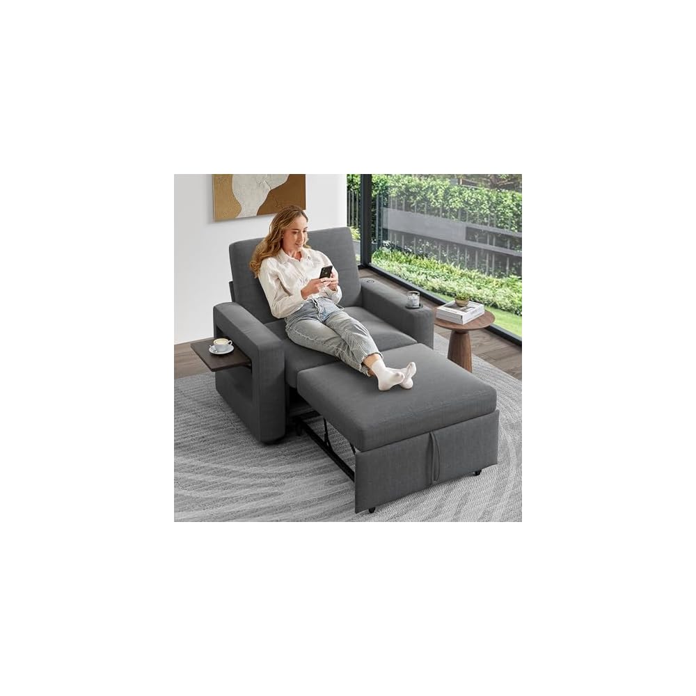 Sunny Heart 42.5" W Oversized Sleeper Chair Bed, 3-in-1 Convertible Reclining Sofa Chair with Pull Out Couch Bed, Adjustable Backrest, Side Pockets, Cup Holder, USB Ports & Table, Premium Dark Grey