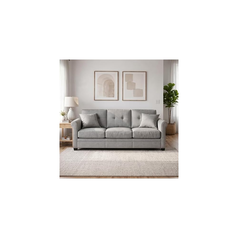 Linon KYVOS Mallory 84" Modular Three Seater Sofa with Rolled Arm in Hemp Grey Mist Includes 2 Couch Pillows