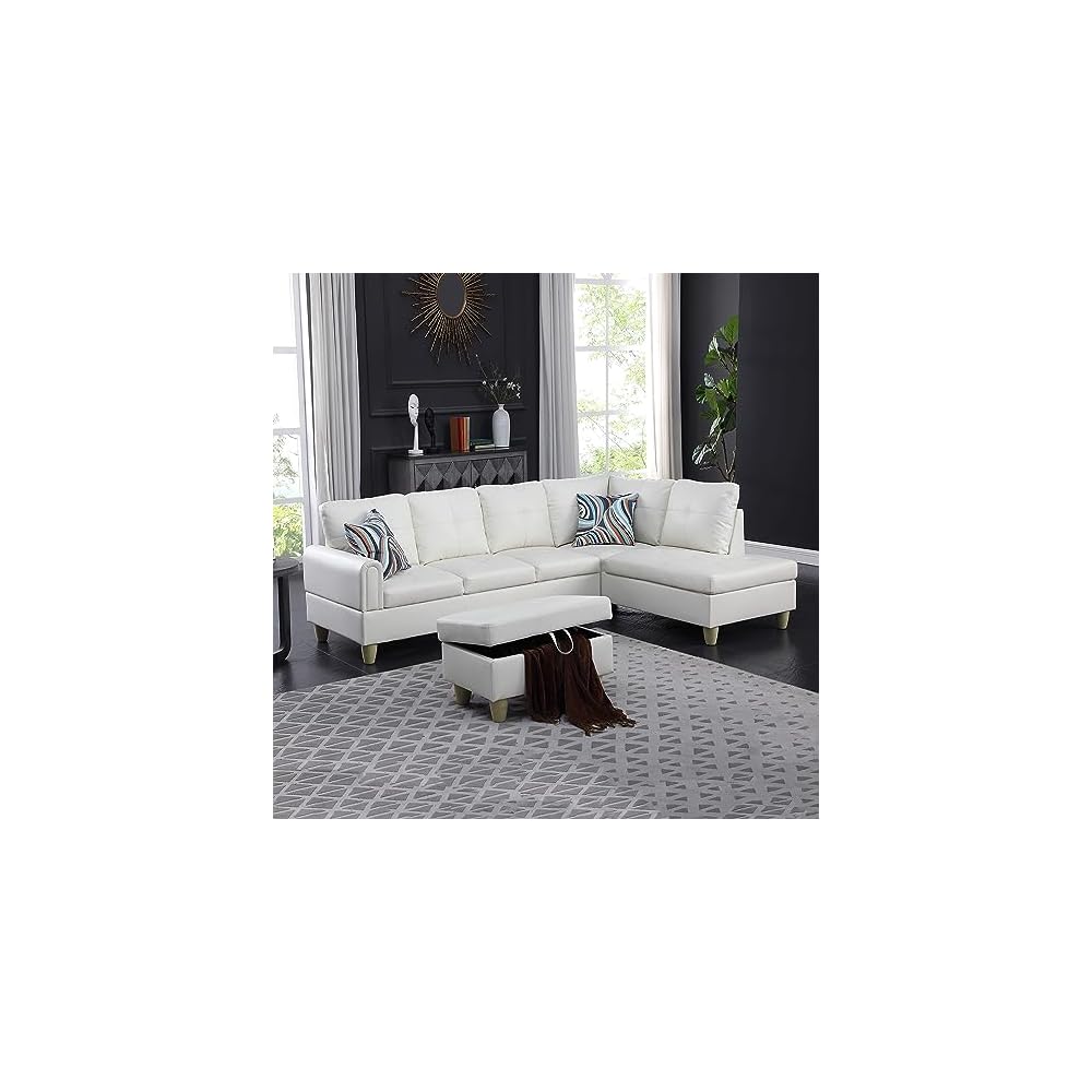 NicBex Couches for Living Room L Shaped Couch Upholstered Futon Sofa Comfy Faux Leather Modular Sofa 3-Piece Sofa Set with Storage Ottoman for Apartments, Living Room and Office, White