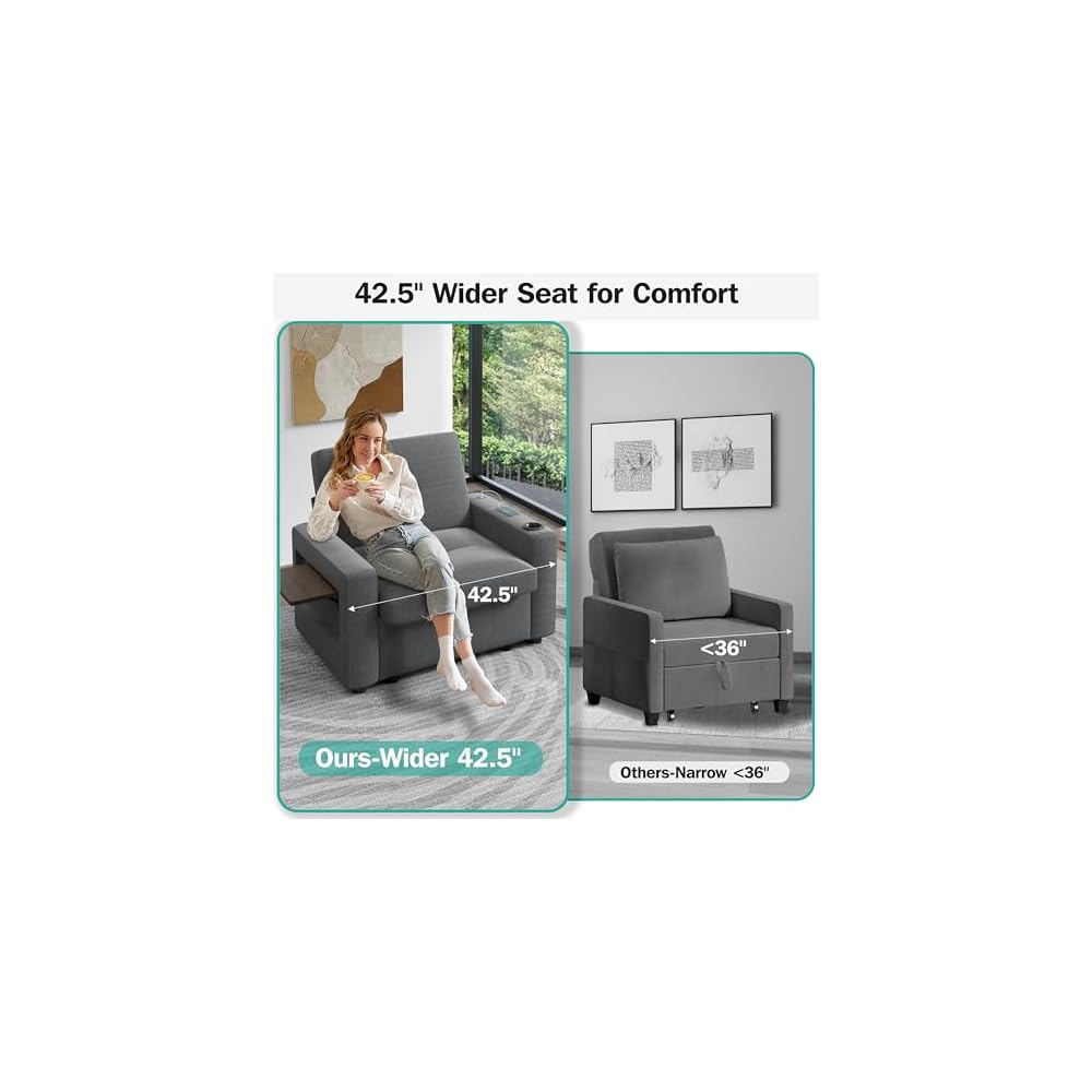 Sunny Heart 42.5" W Oversized Sleeper Chair Bed, 3-in-1 Convertible Reclining Sofa Chair with Pull Out Couch Bed, Adjustable Backrest, Side Pockets, Cup Holder, USB Ports & Table, Premium Dark Grey