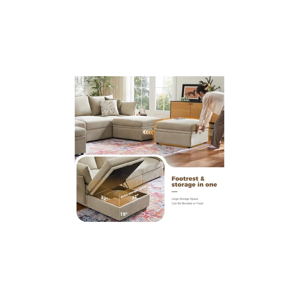 ABCASA 166.6" Oversized Modular Sectional Sofa, Large 9 Seater L Shaped Couch with Storage Ottoman with Reversible Chaise Deep Seat for Living Room, Apartment - Beige Chenille