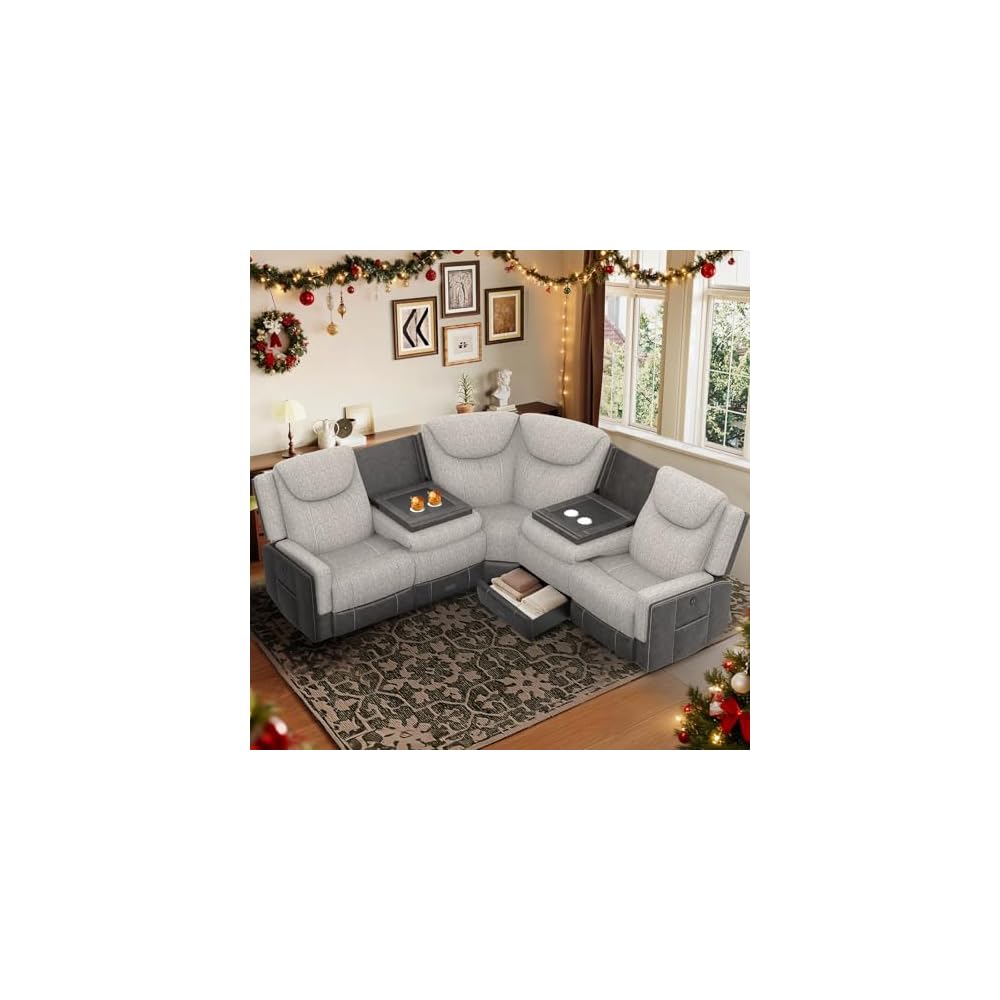 Dresegmt Manual Recliner Sectional Sofa for Living Room, Corner Couch with Flip Middle Backrest, USB Ports & Cup Holders, Grey Linen & Chocolate Leather, 5 Seater Sectional Couch