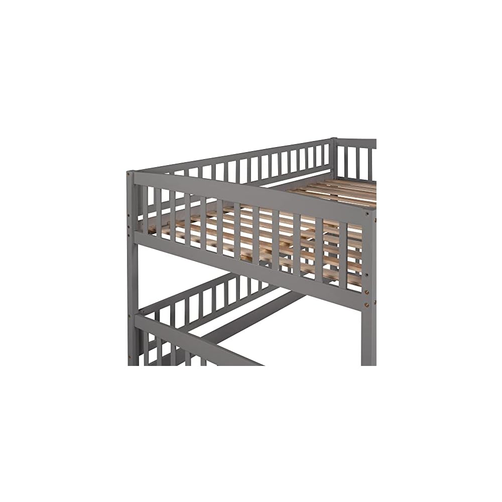 Bellemave Full Over Full Low Bunk Bed with Slide and Fence Railings Wood Floor Bunk Beds with Ladder for Kids Boys Girls Teens, Grey