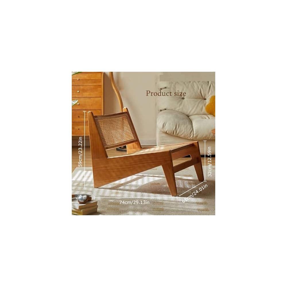Mid Century Modern Rattan Accent Chair, Armless Solid Wood Comfy Side Chair, Stylish Furniture for Bedrooms, Balconies, Terraces – Cherry Finish