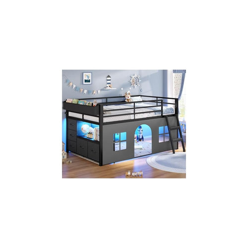 ADORNEVE Low Loft Bed Twin Size with Tent and 5 Storage Drawers, Black