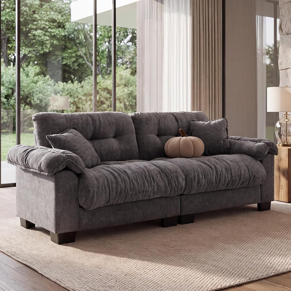 90.5" Modular Cloud Sofa, 2 Seater Couch, Oversized Loveseat with Armrest Pillow, Comfy Tufted Couch, Deep Seat Love Seats for Living Room, Apartment, Small Space- Grey