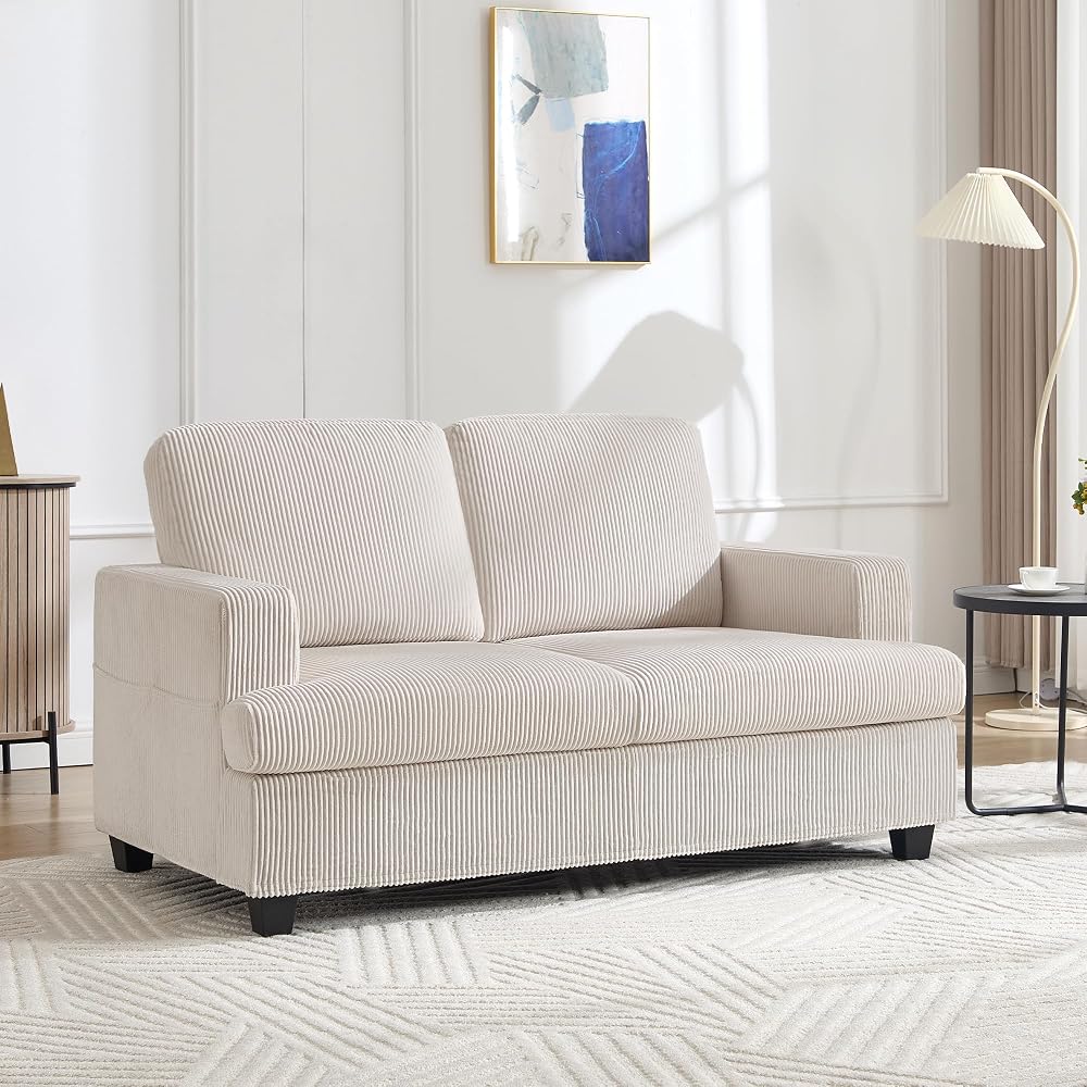 Loveseat Sofa, 60" Corduroy Couch with Side Pocket, Removable Pillow and Cushion Cover 2 seat Couches, Comfy Modern Small Couch for Living Room, Small Spaces, Dorms, Office, Beige