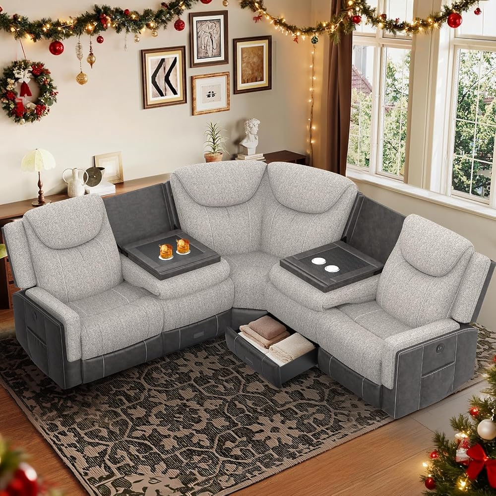 Dresegmt Manual Recliner Sectional Sofa for Living Room, Corner Couch with Flip Middle Backrest, USB Ports & Cup Holders, Grey Linen & Chocolate Leather, 5 Seater Sectional Couch