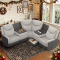 Dresegmt Manual Recliner Sectional Sofa for Living Room, Corner Couch with Flip Middle Backrest, USB Ports & Cup Holders, Grey Linen & Chocolate Leather, 5 Seater Sectional Couch