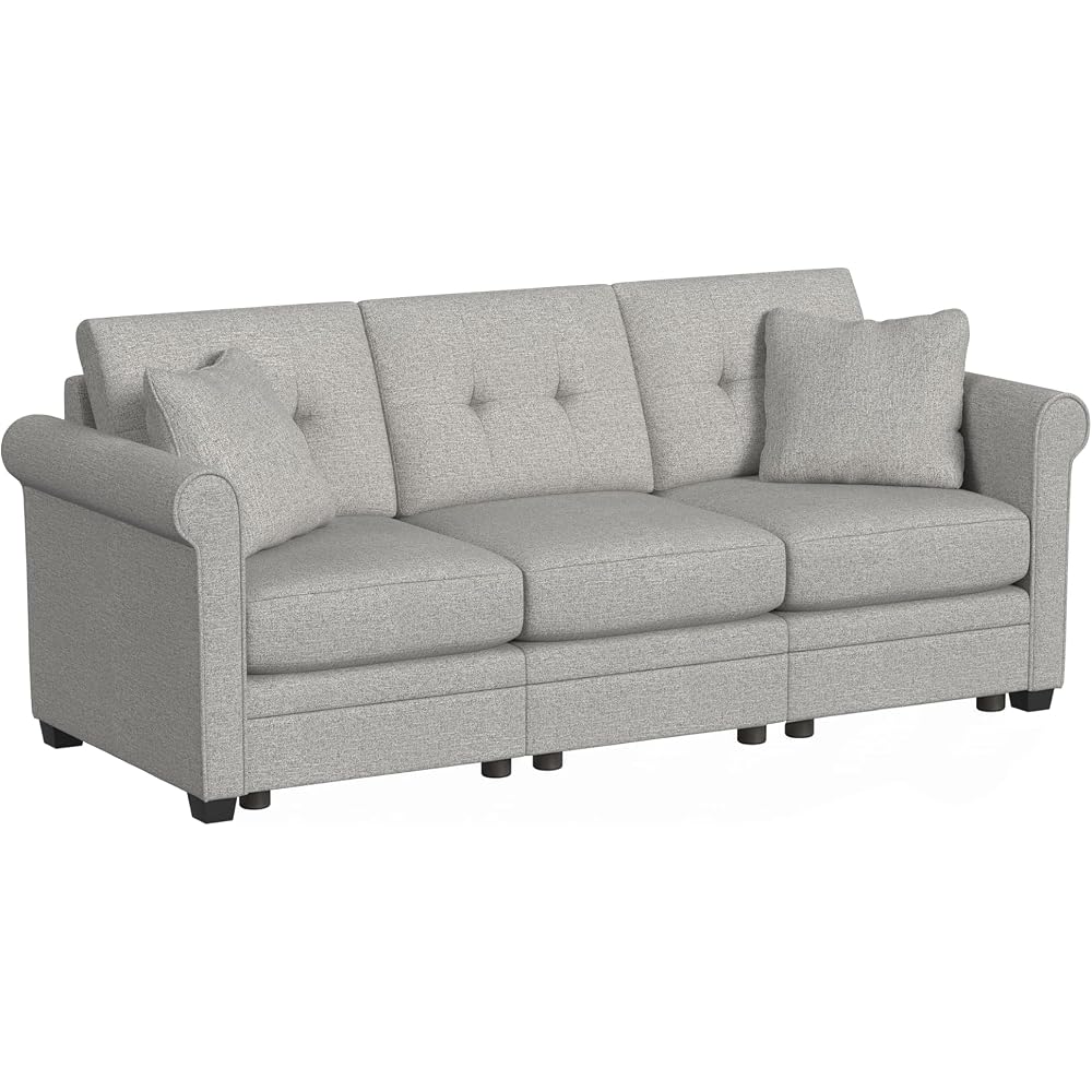 Linon KYVOS Mallory 84" Modular Three Seater Sofa with Rolled Arm in Hemp Grey Mist Includes 2 Couch Pillows