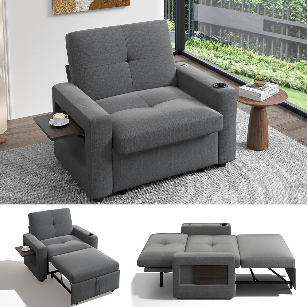 Sunny Heart 42.5" W Oversized Sleeper Chair Bed, 3-in-1 Convertible Reclining Sofa Chair with Pull Out Couch Bed, Adjustable Backrest, Side Pockets, Cup Holder, USB Ports & Table, Premium Dark Grey