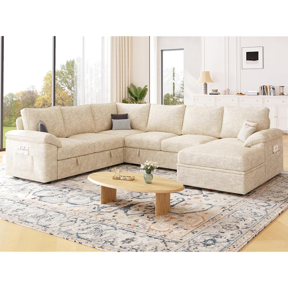 Howjoe Sleeper Sofa with Pull Out Bed, U Shaped 7 Seat Modular Sectional Sofa with Storage, Sectional Couches for Living Room, Cloud Modular Couch, Removable Sofa Cover, Beige