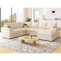 Howjoe Sleeper Sofa with Pull Out Bed, U Shaped 7 Seat Modular Sectional Sofa with Storage, Sectional Couches for Living Room, Cloud Modular Couch, Removable Sofa Cover, Beige