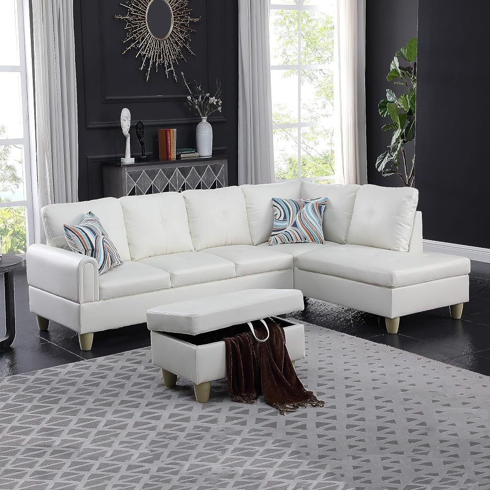NicBex Couches for Living Room L Shaped Couch Upholstered Futon Sofa Comfy Faux Leather Modular Sofa 3-Piece Sofa Set with Storage Ottoman for Apartments, Living Room and Office, White